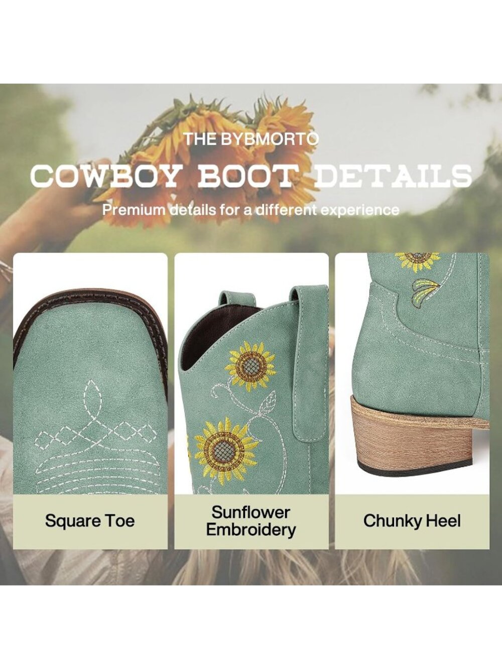 Women's Green Sunflower Mid Calf Embroidered Western Square Toe Cowboy Boot - Picture 4 of 6